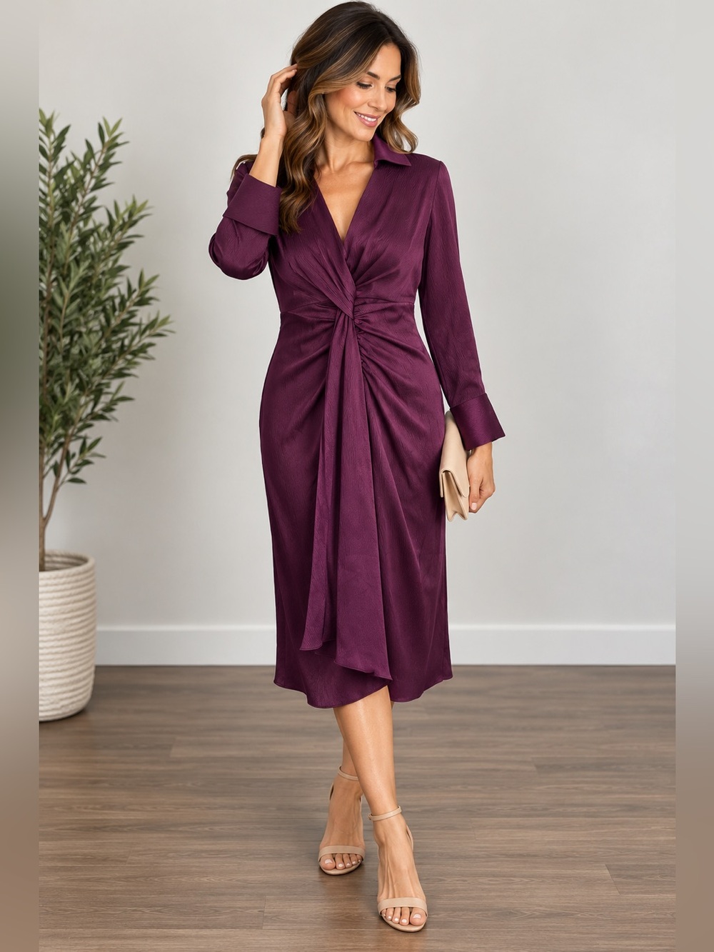 DKNY Twist-Knot Midi Dress in Plum